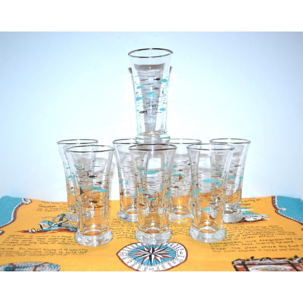 Mid Century Atomic Fish Mediterranean Aperitif Double Shot Juice Set of Eight